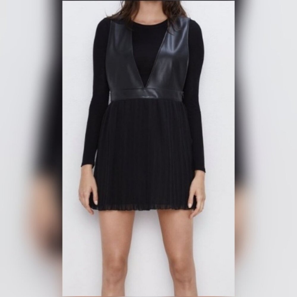ZARA Faux Leather & Pleated Chiffon Mini Dress – Size L
